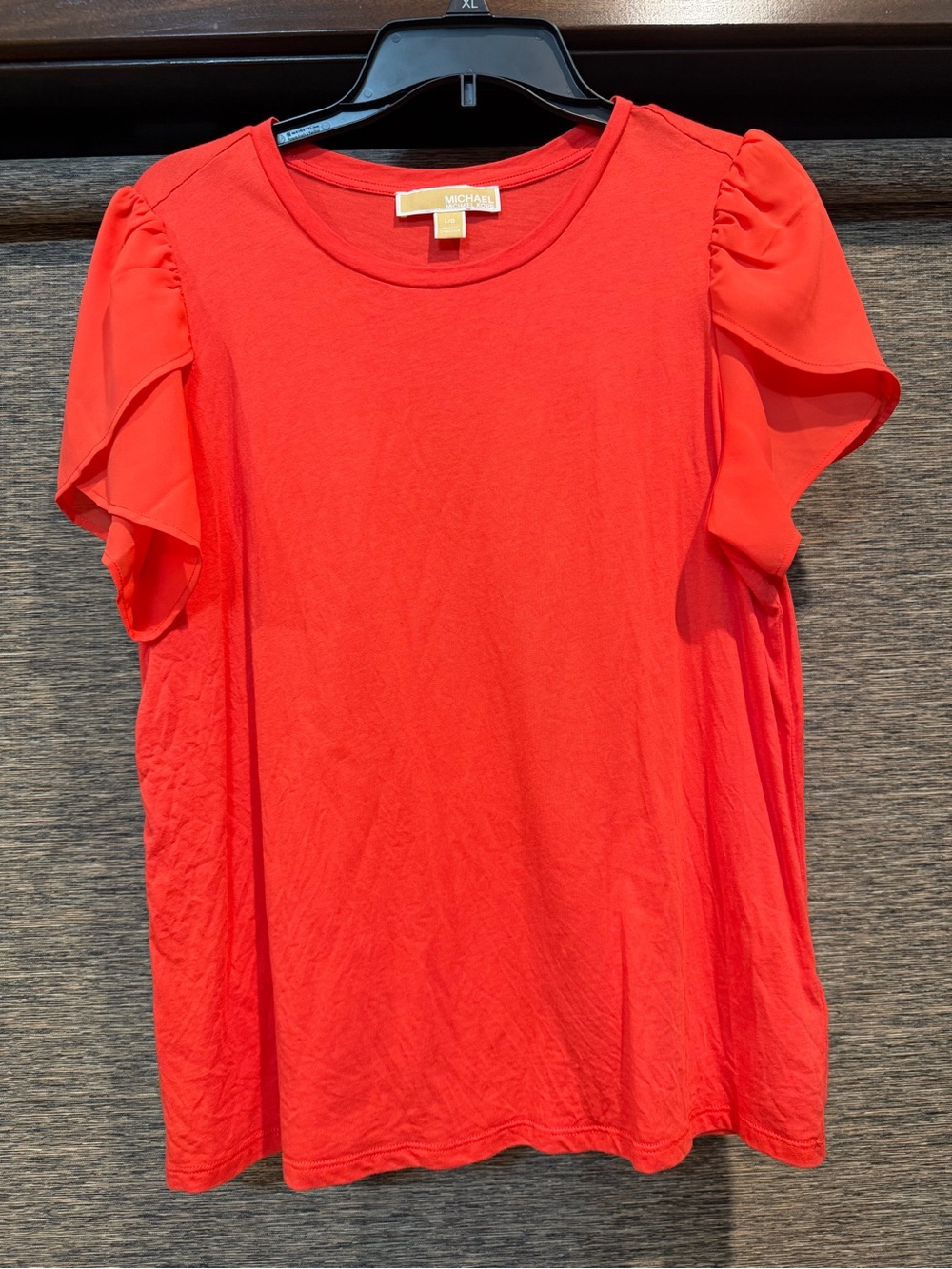 Michael Kors Bright Coral Short Sheer Sleeve Ruffle Top